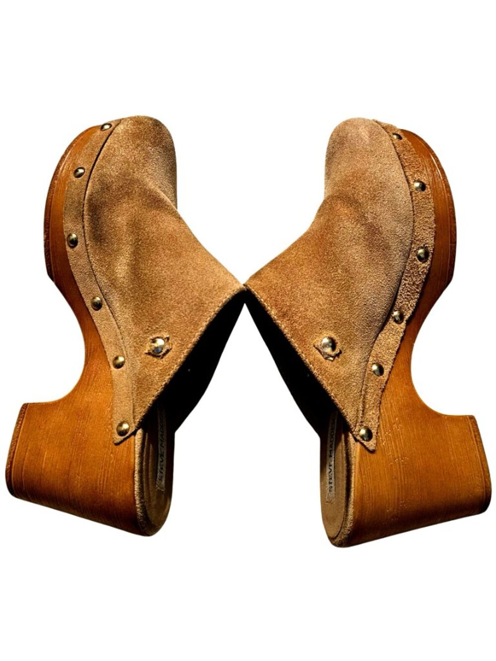 Steve Madden Tan Suede Clogs With Wooden Platform & Brass Studs - Picture 10 of 11